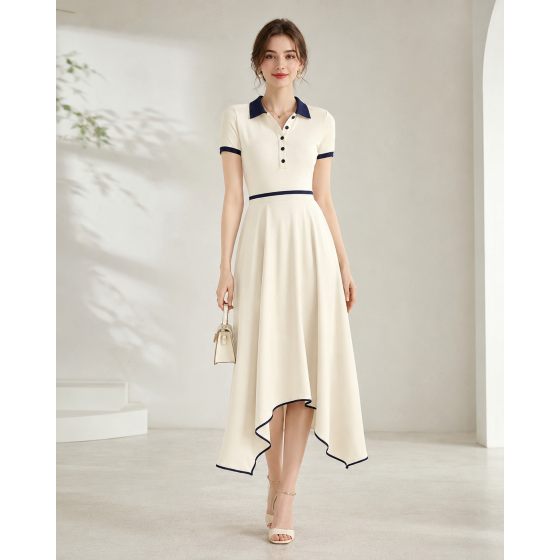 New polo collar dress for summer women's college style aging irregular hem long skirt